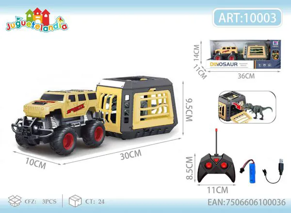 Camioneta todoterreno de control remoto con remolque y jaula de dinosaurio