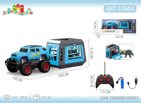Camioneta todoterreno de control remoto con remolque y jaula de dinosaurio azul