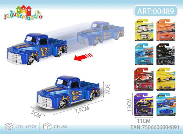 Camioneta pickup clásica de metal a fricción con llamas (azul)