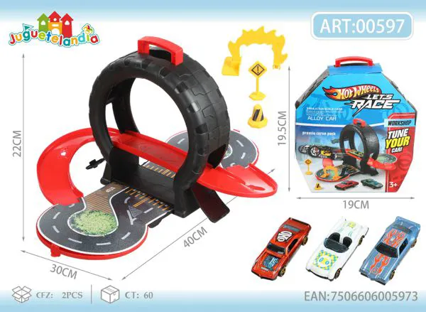 Pista de carreras con rizo (looping) y 3 autos de metal