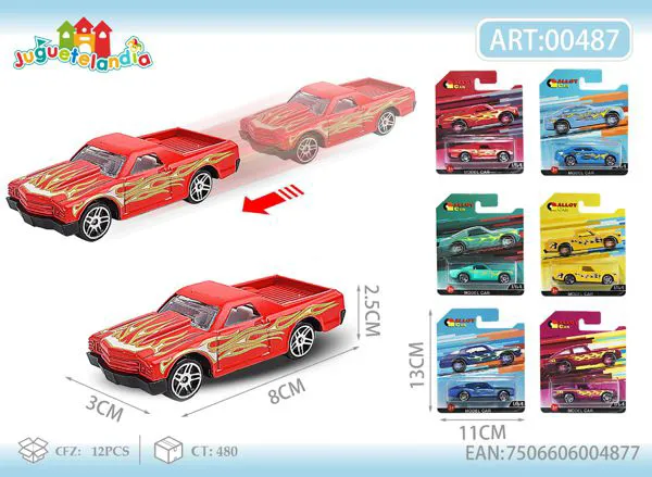 Camioneta pickup clásica de metal a fricción con llamas (roja)