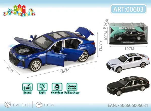 Auto BMW Serie 7 de metal escala 1:28 con luz, sonido y retrofricción