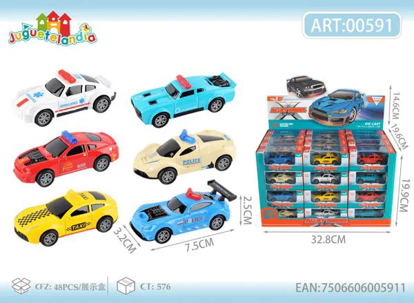 Set de autos de policía y emergencia de metal 1:64 (6 modelos surtidos)
