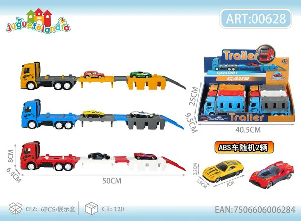 Camión trailer lanzador de autos con pista extensible (incluye 2 autos)