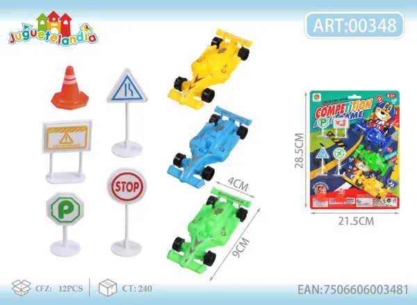 Set de 3 autos de carreras Fórmula con señales de tránsito