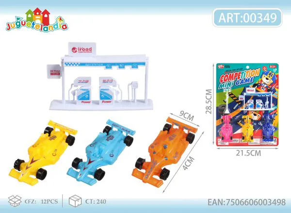 Set de 3 autos de carreras Fórmula con gasolinera