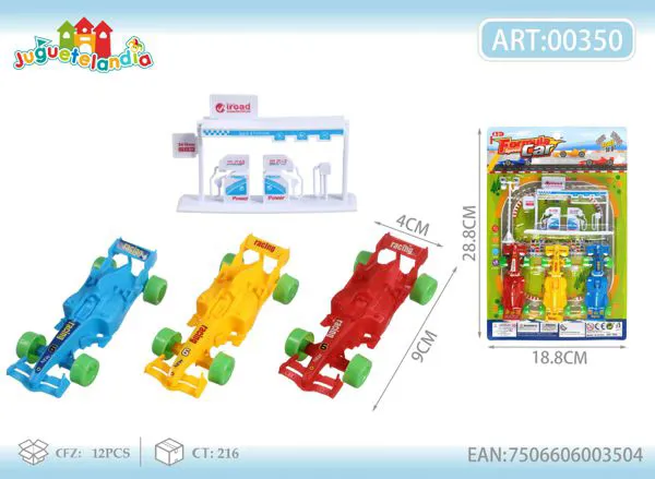 Set de 3 autos de carreras Fórmula con gasolinera