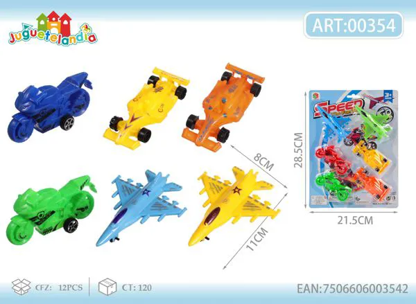 Set de 6 vehículos: motos, autos de carreras y aviones caza