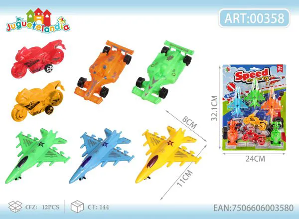 Set de motos, autos de carreras y aviones caza (7 piezas)