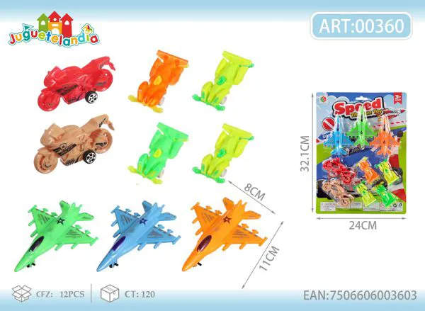 Set de aviones, motos y autos de deslizamiento (9 piezas)