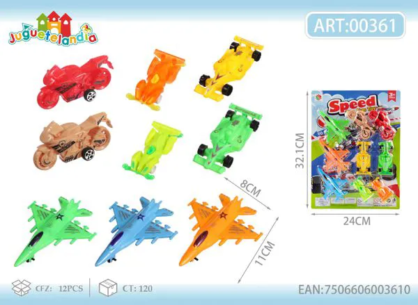 Set de aviones, motos y autos de carrera de deslizamiento (9 piezas)