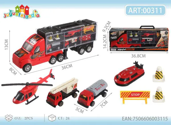 Camión tráiler de bomberos de metal con helicóptero y accesorios