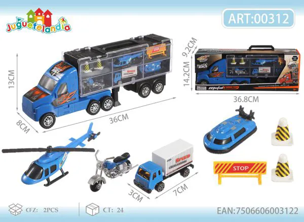 Camión tráiler de policía de metal con helicóptero y accesorios