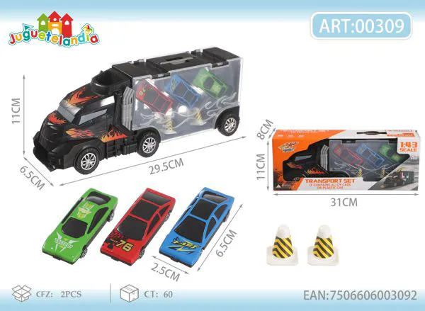 Camión tráiler porta autos de metal con 3 autos