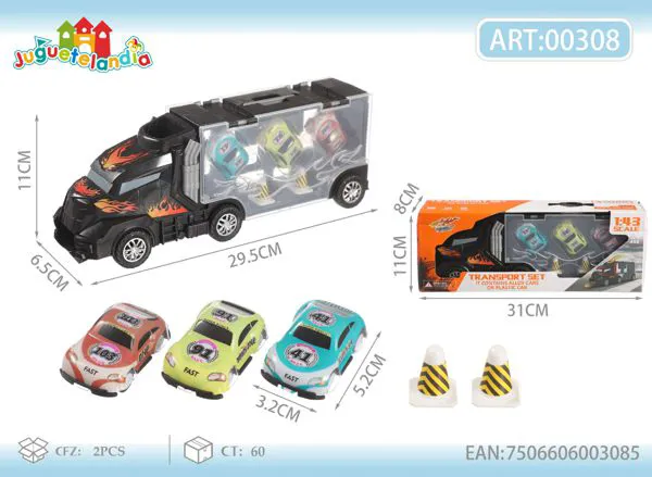 Camión tráiler porta autos de fricción con 3 autos de metal