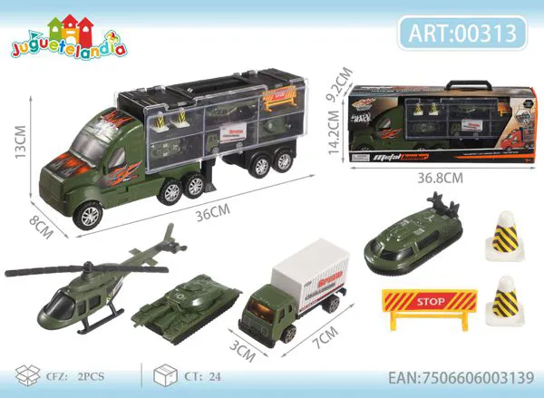 Camión tráiler militar de metal con helicóptero y accesorios