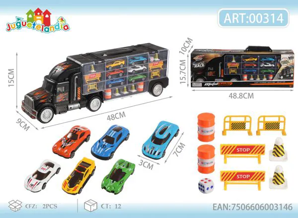 Camión tráiler porta autos grande de metal con 6 autos y accesorios