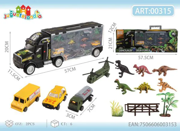 Camión tráiler de metal con dinosaurios y vehículos