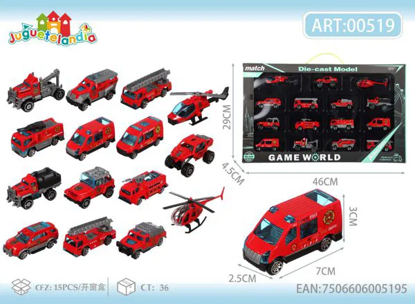 Set de camiones de bomberos de metal (15 piezas)