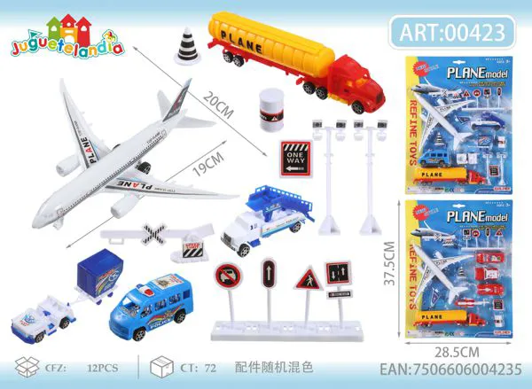 Set de aeropuerto con avión, camiones y señales de tráfico