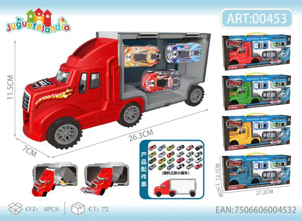 Camión tráiler guarda-autos con 3 carritos