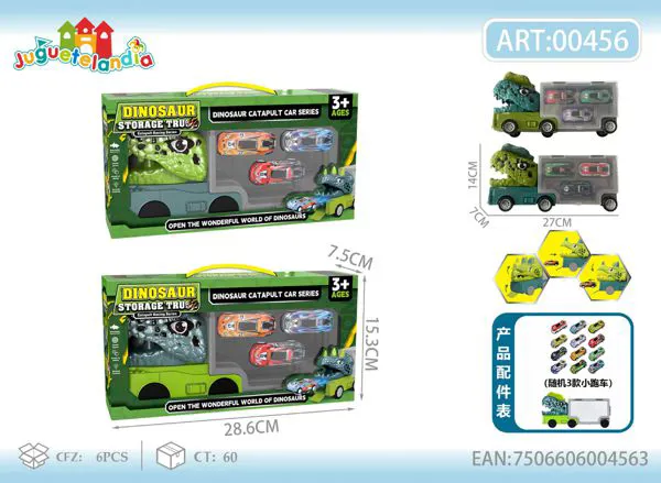 Camión guarda-autos de dinosaurio con 3 carritos (corto)