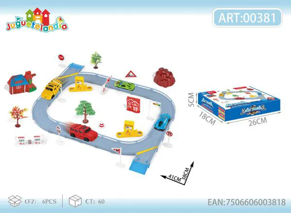 Set de pista de ciudad con autos, casas y señales