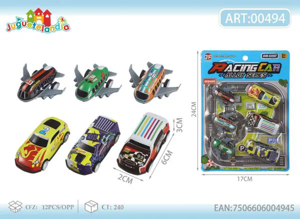 Set de aviones y autos de metal (6 piezas)