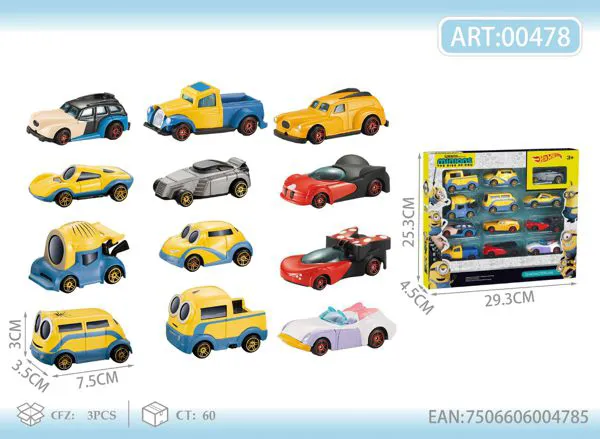 Set de 12 autos de metal de caricatura 1:64