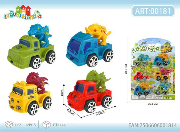 Set de 4 camiones de fricción con dinosaurios