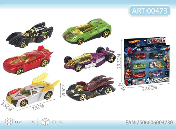 Set de 6 autos de metal de superhéroes 1:64 (caja con ventana)
