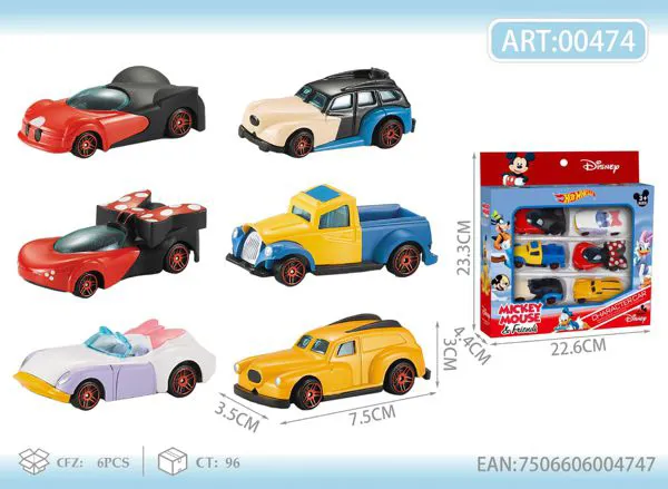 Set de 6 autos de metal de caricatura 1:64 (caja con ventana)