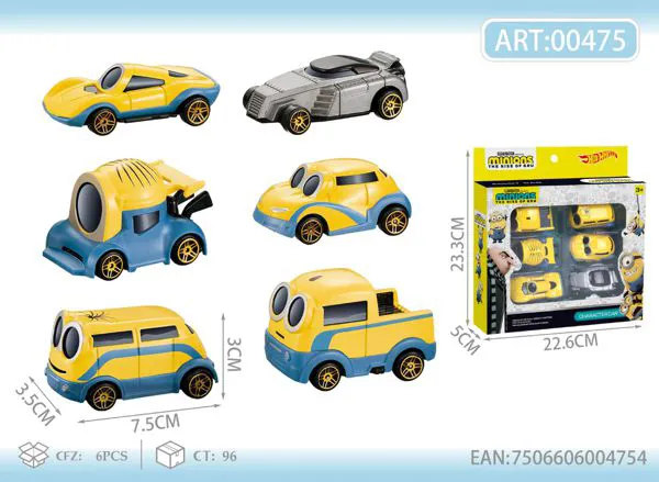 Set de 6 autos de metal estilo caricatura 1:64