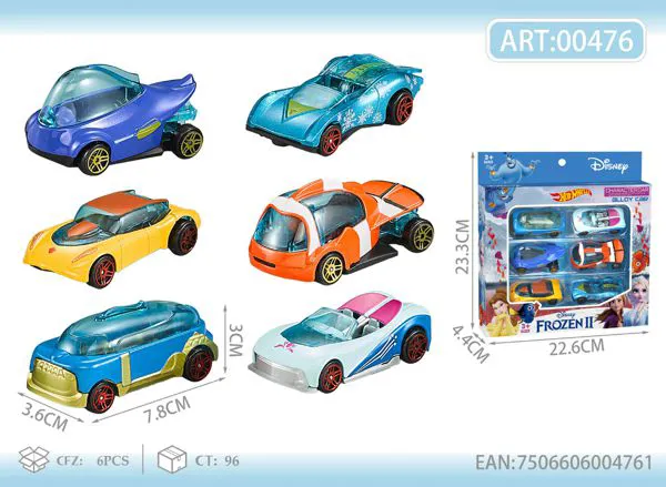 Set de 6 autos de metal de caricatura para niños 1:64