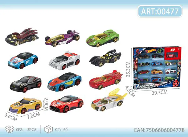 Set de 12 autos de metal de superhéroes 1:64