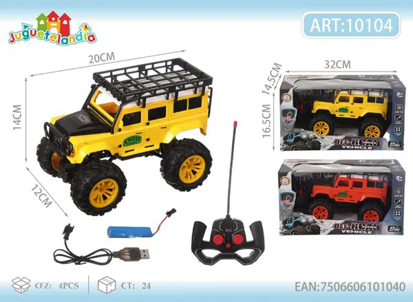 Camioneta todoterreno de control remoto amarilla con parrilla de techo