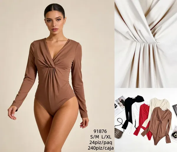 Body de manga larga con cuello V y detalle anudado-91876