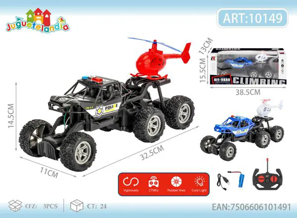 Camioneta todoterreno de policía de control remoto 6 ruedas con helicóptero