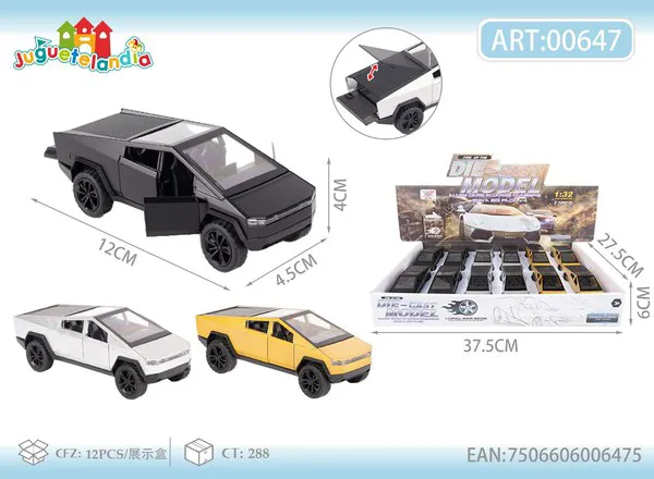 Camioneta pickup de metal estilo Cybertruck con puertas que abren y retrofricción escala 1:32