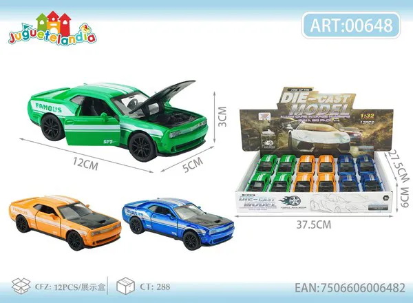 Auto deportivo de metal estilo Dodge Challenger con puertas que abren y retrofricción escala 1:32