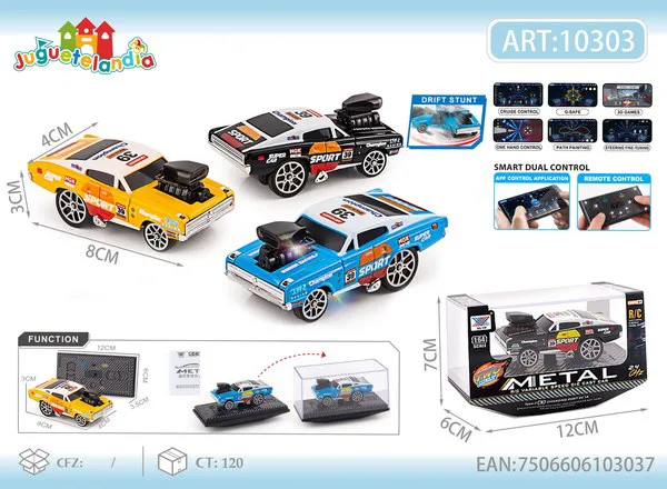 Mini auto de carreras de metal con motor expuesto de control remoto y app escala 1:64 con derrapes