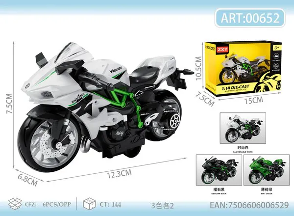 Moto deportiva de metal estilo Kawasaki Ninja con retrofricción escala 1:14