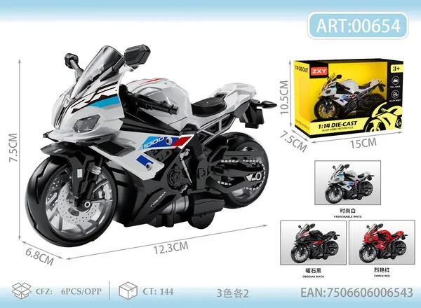 Moto deportiva de metal estilo BMW S1000RR con retrofricción escala 1:14