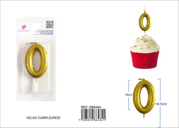 Vela de cumpleaños número 0 dorada con escarcha dorada 6 cm
