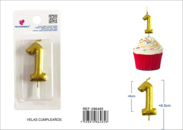 Vela de cumpleaños número 1 dorada con escarcha dorada 6 cm