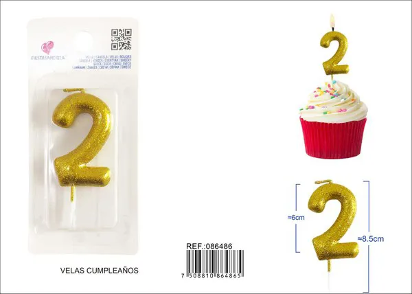 Vela de cumpleaños número 2 dorada con escarcha dorada 6 cm