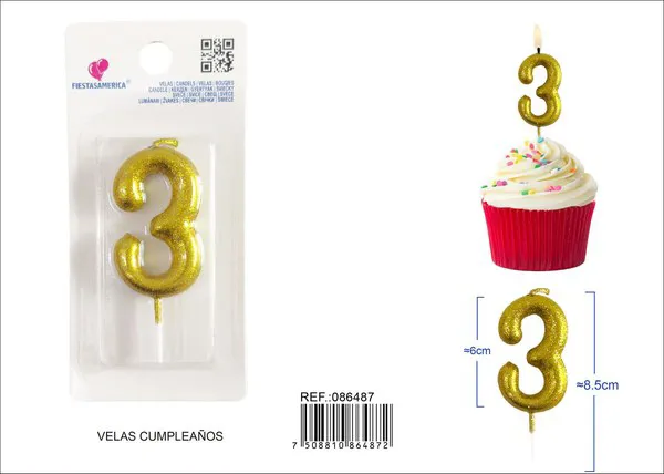 Vela de cumpleaños número 3 dorada con escarcha dorada 6 cm