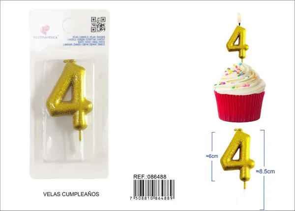 Vela de cumpleaños número 4 dorada con escarcha dorada 6 cm