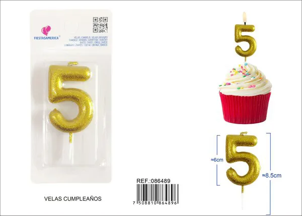 Vela de cumpleaños número 5 dorada con escarcha dorada 6 cm