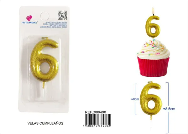 Vela de cumpleaños número 6 dorada con escarcha dorada 6 cm